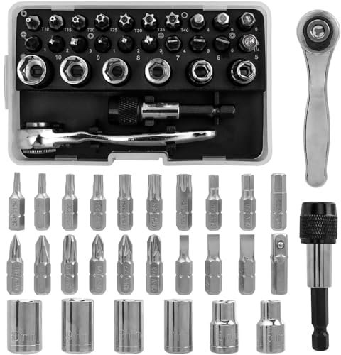 Mesee Kit de 28 Mini Clé à Cliquet Douilles Embouts de Tournevis et Porte-Embout, Clé à Cliquet 1/4 Réversible 72 Dents à Dégagement Rapide avec Douilles Hex Mini Tournevis à Cliquet pour Réparation