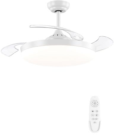 AUTODAY 108cm Ventilatore da soffitto retrattile con luce e telecomando, Ventilatore da soffitto bianco dimmerabile con LED da 36W, 3 pale invisibili, 6 velocità, silenzioso per camera da letto