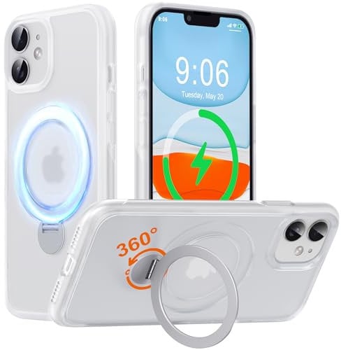 Derwav Multi-in-1 [Magnetic+ Kickstand+ Ring Holder] for iPhone 11 Case Compatible with MagSafe, 360° Rotatable Stand with Military Shockproof Silicone Frame Magnet Bumper Cover, White
