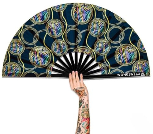 WONKIWEAR Fan, Folding Handheld, Glow UV Reactive Design, Large Strong Black Bamboo. Unisex for Raves, Festivals, Concerts, Drag, Gay Pride (UV Posh Zebra, Large)