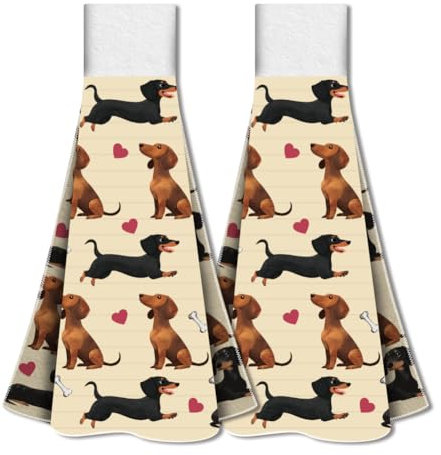WADORN 2 Stück Dackel Küchentücher Mit Aufhängeschlaufe Lustiges Küchenhandtuch Mit Dackel Geschirrtücher Süßer Wiener Hund Weich Und Saugfähig Zum Aufhängen Handtücher Für Die Küche