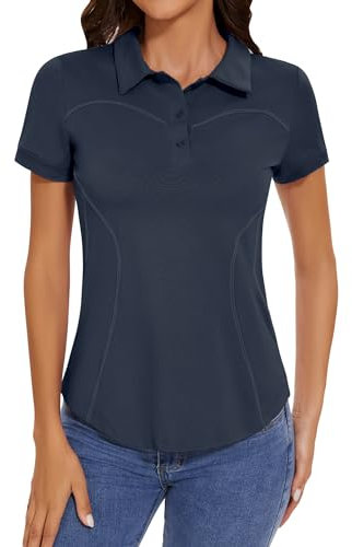 IECCP Golf Polo Shirts for Women Collared Short Sleeve Quick Dry Lightweight Moisture Wicking T-Shirt Summer Work Casual Gym Tops 3 Buttons 2025 (Navy Blue,L)