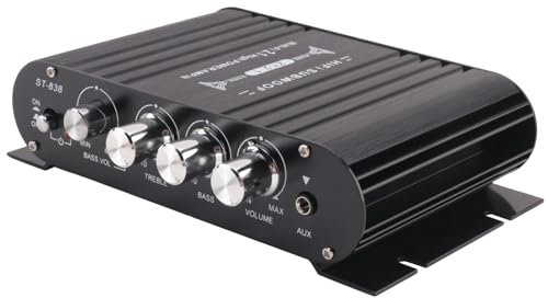 Qusedwey Amplificador HiFi -838 Mini Amplificador MP3 para Coche de 2.1 Canales Entrada Auxiliar Ajuste de Graves Altos y Bajos Amplificador Supergraves 20Wx2+40W