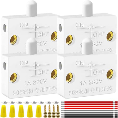 MKBKLLJY 4PCS Cabinet Door Switch White Closet Light Switch Normally Closed Automatic Touch ON OFF 250V 1A, with Electronic Wire Screw Dust Cap Wiring Cap for Wardrobe Pantry Lamp Electrical Light