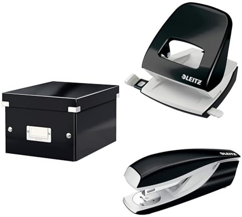 Leitz Set Click & Store Aufbewahrungsbox mit Deckel Klein mit Locher und Heftgerät für 30 Blatt, Box für Unterlagen bis A5 im Büro u. Haushalt, WOW Serie, Schwarz, 60430095 + 50081095 + 55021095