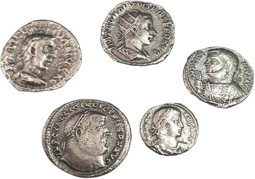 Monedas imperiales Romanas Antiguas Plateadas – Set de 5 reproducciones de emperadores Romanos – Artesanía Italiana, Hechas a Mano – Made in Italy