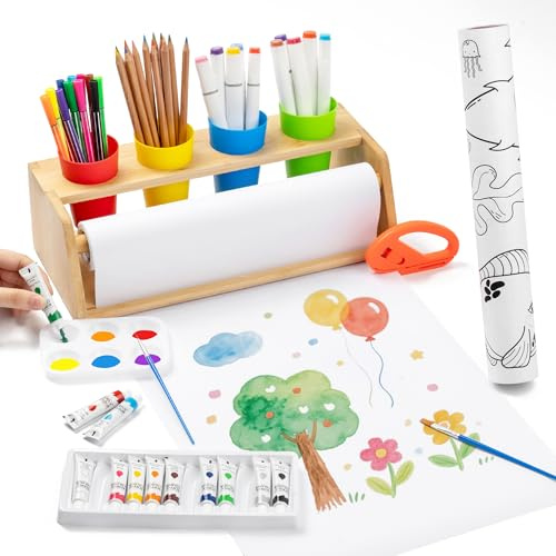 Tisch Malpapier Kinder Maltischdecke mit Holzhalter – Rutschfestes Kreativ-Set mit Farben, Pinseln & Papierrolle Malen Kinder – 35-teilig – Fördert Selbstständigkeit in Schule & Zuhause