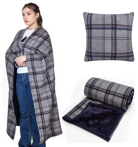 SIVENKE Tragbare Decke Kompaktes Kissen 2-in-1-Schoßdecke Damen Poncho Fleece mit Knopf Karierte Tagesdecke Kissen für Bett, Sofa, Büro
