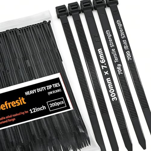 200 PCS Cable Ties 300mm x 7.6mm Reusable Cable Ties, Heavy Duty Black Releasable Cable Ties, 12 Premium Tie Wraps, Strong Nylon Zip Ties