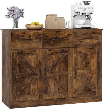 COSTWAY Sideboard, Küchenschrank mit 3 Schubladen, 3 Türen, Arbeitsplatte & verstellbaren Regalen, Buffetschrank Küchenbuffet, Aufbewahrungsschrank für Küche, Esszimmer & Wohnzimmer, Holz (Braun)