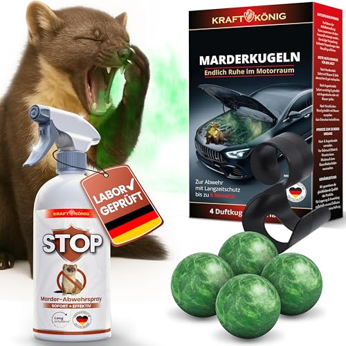 KRAFTKÖNIG Marderabwehr Set – 500 ml Spray & 4 Duftkugeln mit Halterung | Power Duo aus Spray und Duftkugeln mit Halterung für Motorraum, Garage, Dachboden, Haus und Garten; sofort einsatzbereit