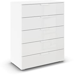 Rauch Möbel ADITIO, Kommode, Farbe Glas Weiß, Breite 80 cm | Highboard im modernen Look, 5 Schubladen, Glasfront, Soft-Close-Funktion, für Schlafzimmer, Gästezimmer, Wohnzimmer, Flur