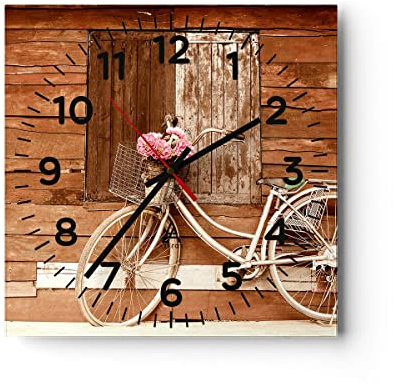 Modern Wanduhr Fahrrad Blume Korb alt 30x30cm Quadrat Klein Wand Uhr Glas Analog Zimmeruhren Küche Büro Wohnzimmer Glasuhr Wall Clock Dekoration Design Wanddekoration Küchenuhr C4AC30x30-2954