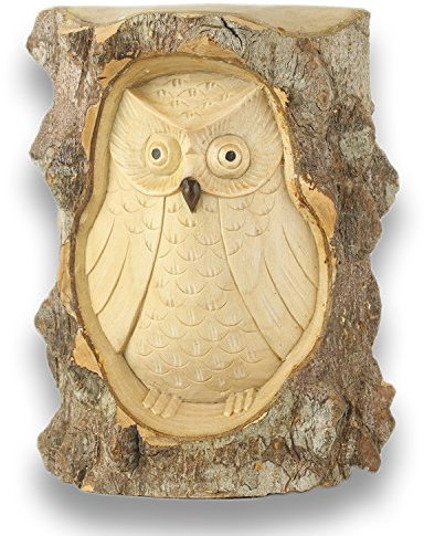 ART-CRAFT Holz Eule handgeschnitzt in einem halben Baumstamm aus Krokodilholz 15cm