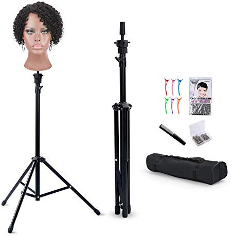 Klvied Reinforced Wig Stand Tripod Mannequin Head Stand, Adjustable Wig Head Stand Holder for Cosmetology Hairdressing Training with T-with Wig Caps, T-Pins, Comb, Hair Clip, Carrying Bag