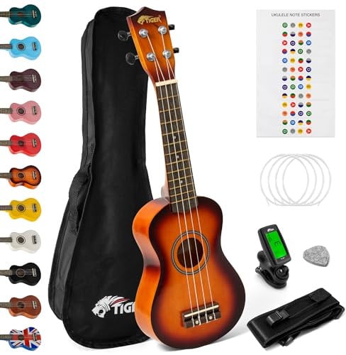 TIGER UKEKIT-SB Sopran-Ukulele, Anfänger-Set. Stimmgerät, Gurt, Tasche, Pick, Saiten - Sunburst