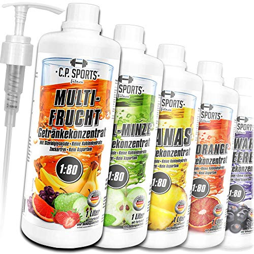 C.P. Sports Konzentrat zuckerfrei 1:80 (ca. 80 Liter Fertiggetränk) + Dosierpumpe – Getränkekonzentrat Getränkesirup Fitness Sport Getränk – L-Carnitin & Vitamine – 1 Liter Mandarine-Lemon