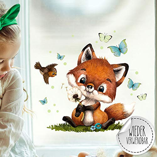 ilka parey Fensterbild Frühling Fuchs Pusteblume - Fensterbilder Frühling selbstklebend - Fensterdeko Frühling wiederverwendbar - Ihre eigene Frühlingsgeschichte in jedem Fenster (bf127)