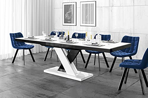 Design Esstisch HEN-111 Weiß Hochglanz/Schwarz Hochglanz ausziehbar 160 cm bis 256 cm Esszimmertisch für bis zu 10 Personen Hochglanz Funktionstisch modern vielseitig Esszimmer erweiterbar zeitlos