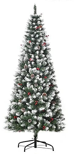 HOMCOM 6FT Artificial Christmas Tree Xmas Pencil Tree with Red Berries and Pinecones Holiday Home Indoor Decoration with Foldable Feet, Green