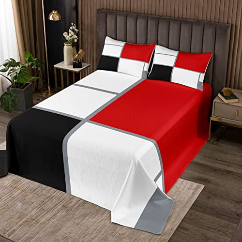 Plaid Geometrische Tagesdecke,Modernes Rot-Schwarz-Weiß-Bettwäsche-Set für Kinder Jungen Schlafzimmer Geschenk,Vintage Abstrakt kariert Dekoratives Polyester Gestepptes Bettdecken-Set, 170×210 cm