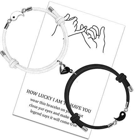 LUOKIFUR Herz Magnetisches Paar Passendes Armband Yin Yang Verstellbares Kordelarmband für Valentinstagsgeschenke für Freundin, Freund, beste Freunde (black-White)