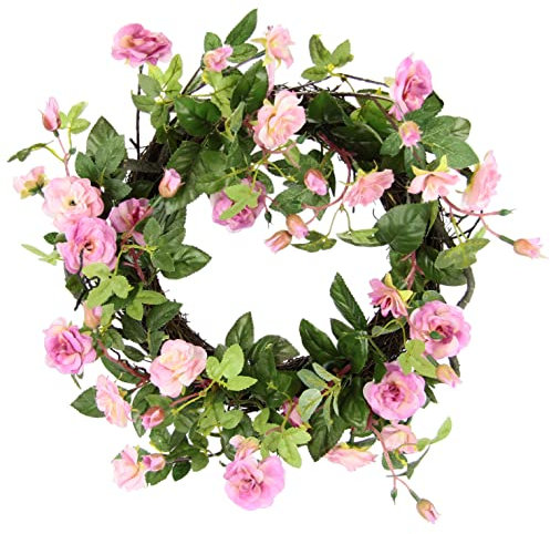 Flair Flower Kranz Rosen Türkranz Wand-Blüten-Blumenkranz dekoriert Wanddeko Blüten Deko Künstliche Blume Haustür Hochzeitsdeko Valentinstag Rosenblüten Rosenköpfe, Weiß/Rosa, 8x32x32cm (088974WRS)