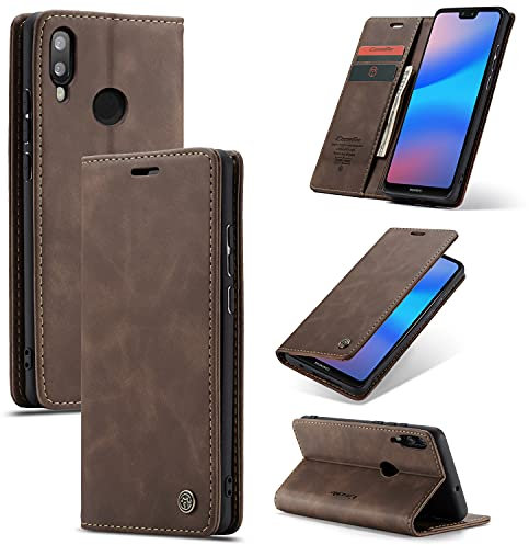 CaseMe Cover per Huawei P20 Lite, Magnetica Cover a Libro con Slot per Schede, Custodia in PU Pelle Portafoglio per Huawei P20 Lite, Marrone Scuro