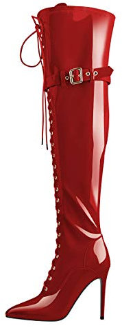 Only maker Damen Overknees Stiefel Stiletto Spitze Zehen Lack Stiefel mit Schnürung und Reißverschluss Schnallen Metallic Rot 38 EU