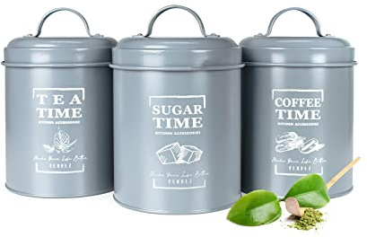 Sendez 3 Vorratsdosen aus Metall Kaffeedose Teedose Zuckerdose Vorratsgefäß Vorratsbehälter Grau