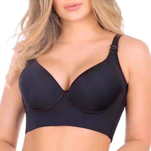 Miscloder Women Deep Cup Bra Hides Back Fat Full Back Coverage Bra with Shapewear Incorporated Plus Size Push Up Sports Bra, Black, 38DDD