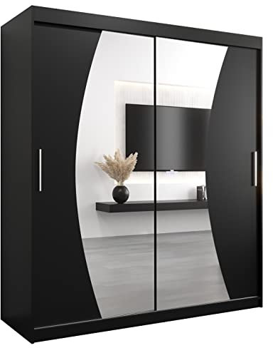 MEBLE KRYSPOL Wave 180 Schlafzimmerschrank mit Zwei Schiebetüren, Spiegel, Kleiderstange und Regalen – 180x200x62cm - Mattschwarz