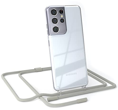 EAZY CASE - Handykette kompatibel mit Galaxy S21 Ultra 5G - dünne Handyhülle für Galaxy S21 Ultra 5G Hülle mit Band als Fallschutz Kette zum Umhängen transparente Hülle Silikon in Taupe