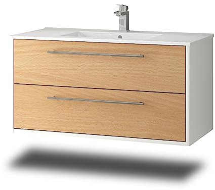 Stil.Zeit Evelia Badmöbel inkl. Waschbecken | Waschtisch mit Unterschrank 100.5 cm | Weiß/Dekor Buche| Metallgriffe/hängend
