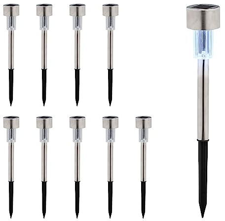 Relaxdays Solarlampen 10er Set, kaltweiß, wasserdicht, Dämmerungssensor, LED Solarlicht, HxD 31 x 4,5 cm, Silber/schwarz