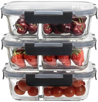 HOUSZY Lot de 3 boîtes de conservation en verre pour aliments à 3 compartiments - Contrôle des portions - Couvercle hermétique anti-fuite - Sans BPA - Passe au micro-ondes, au lave-vaisselle et au