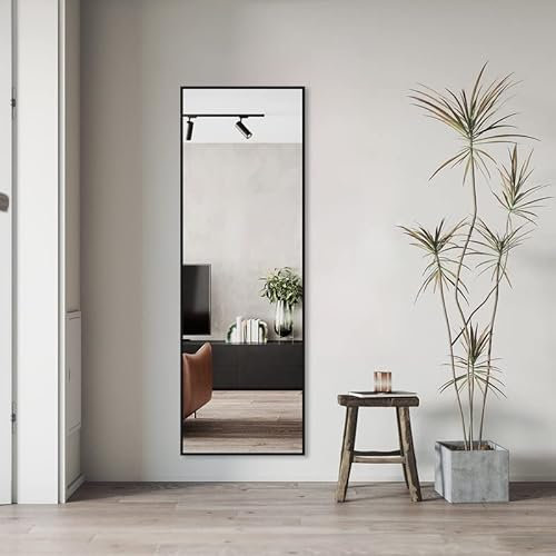 WDWRITTI Schwarz Ganzkörperspiegel 40x160cm Standspiegel mit Schwarz Rahmen Wandspiege Wandspiegel Metallrahmen HD Groß Garderobenspiegel Rechteckiger