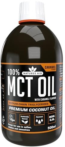Natures Aid MCT Oil 500ml Caramel - Add to Coffee Shakes Smoothies or Dressings - 100 Percent Premium Coconut Oil Pure Sustainably Sourced Vegan Vegetarian GMP Standards Rapid Absorbed for Energy