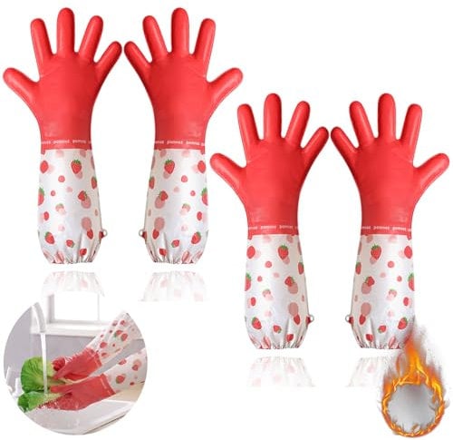 KASESSS 2 Paires Gants Ménage Réutilisables, Imperméables, Avec Doublure Thermique, Longs pour Vaisselle, Nettoyage Maison, Voiture, Salle de Bain