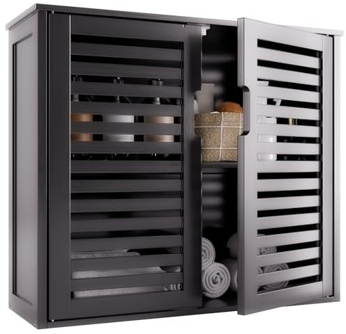 HITNET Armoire Murale Noir, Armoire à Pharmacie Bambou avec Étagère Réglable, Meuble de Rangement Suspendu pour Salon, Cuisine ou Couloir