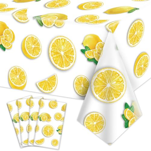 4Pcs Zitrone Party Tischtuch, gelbe Tischdecke Kunststoff, rechteckige Limonadenstand für Kinder Geburtstag Baby Dusche Sommer Obst Party, 130 x 220cm