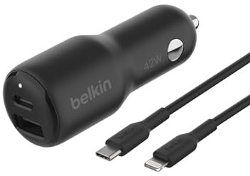 Belkin BoostCharge Dual Car Charger 42W w/Fast Charge USB-C 30W PPS & 12W USB-A Ports + USB-C to Lightning Cable for Apple iPhone 16, Plus, Pro, Pro Max, iPhone 15, Samsung Galaxy S24, & More - Black