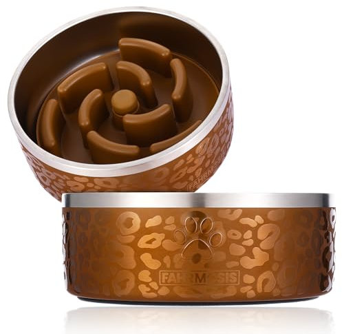 FAHRMOSIS Hundenapf mit langsamem Futtereinsatz, Edelstahl, Wassernapf für mittelgroße und große Rassen, rutschfeste Gummiunterseite und Kunststoff-Puzzle-Futterstation – Goldfarbener Leopard