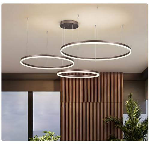 WayLuoung Metall LED Kronleuchter | 3 Kreise 60+80+100cm | 108W Rings Deckenhängelampe, Dimmbare Fernbedienung 3000–6000K, Acryl Schirm Pendelleuchte, Wohnzimmer Schlafzimmer Foyer Esszimmer【Braun】