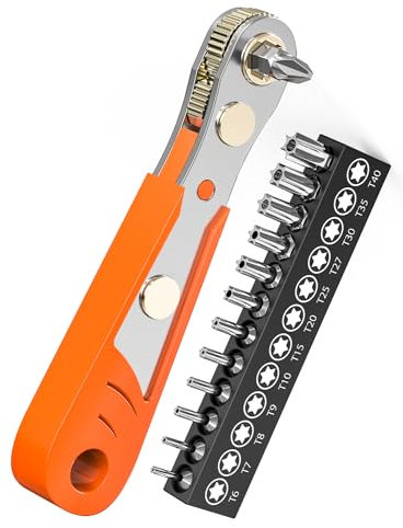 Right Angle Phillips Magnetic Screwdriver with Torx Bits Set, Ancable 1/4” PH2 Mini Ratchet Wrench 1/4 Inch Drive High Torque Offset Reversible Mini Ratcheting Offset Screwdriver