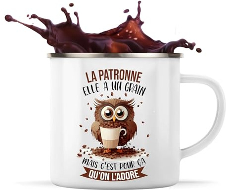 Planetee Tasse Patronne Chouette Café 360 ml | Mug Émaillé Métallique | Idée Cadeau Humour Collègue Travail Famille Anniversaire Noël