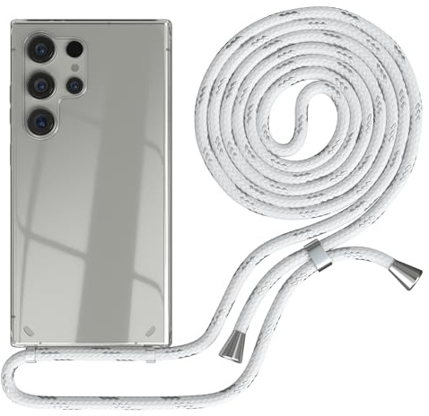 EAZY CASE - Handykette kompatibel mit Samsung Galaxy S24 Ultra Kette zum Umhängen für Galaxy S24 Ultra Hülle mit Band aus Silikon stoßfeste transparente Handyhülle als Fallschutz in Weiß/Silber