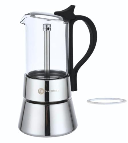 NACHOMI Cafetera Italiana 6 Tazas (360 ml). Cafetera Italiana Acero Inoxidable y Vidrio Borosilicato. Cafetera Induccion, Gas y Vitrocerámica. Alta Resistencia al Calor. Incluye Junta Recambio Extra.