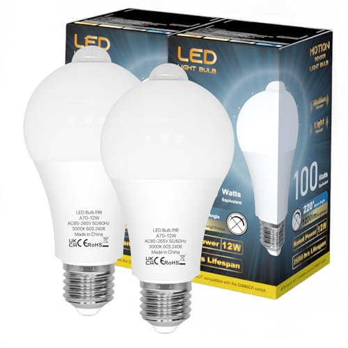 LUTW Motion Sensor Light Bulb, 12W E27 Screw Bulb Warm White 3000K, Equivalent to 100W Incandescent, 1200LM Auto On/Off Indoor Outdoor Security LED Bulb for Garage, Stairs, Hallway Basement, 2 Pack