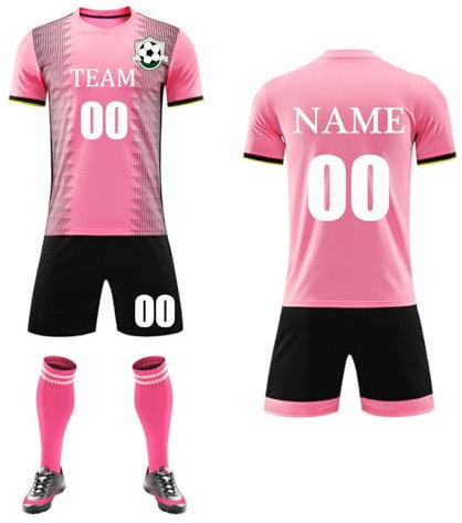 Maillot de Foot Enfant Personnalisé Adultes Hommes Femmes avec Le Nom du Logo de L'équipe Maillot Football Personnalisé avec Chaussettes de Football(Color:Pink)